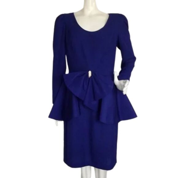 HUEY WALZER/Darcy Dress, M, Blue, VINTAGE, Peplum, Big Bow, Long sleeves - Picture 1 of 14